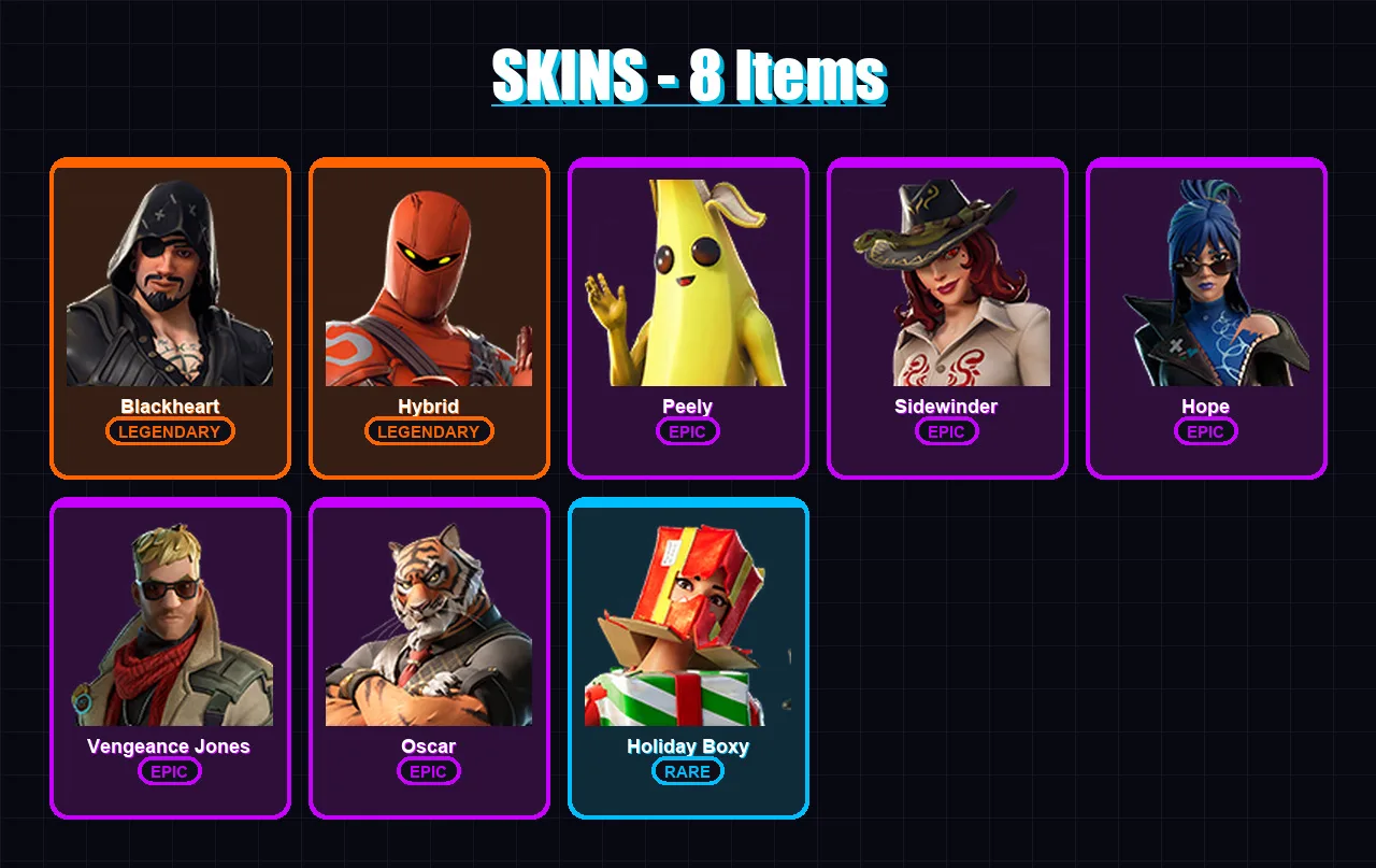[SWITCH/XBOX/PSN/PC] | Blackheart | Hybrid | Peely | Sidewinder | Hope | 8 skin | 9 pickaxe | 7 emote | 10 glider | Lv111