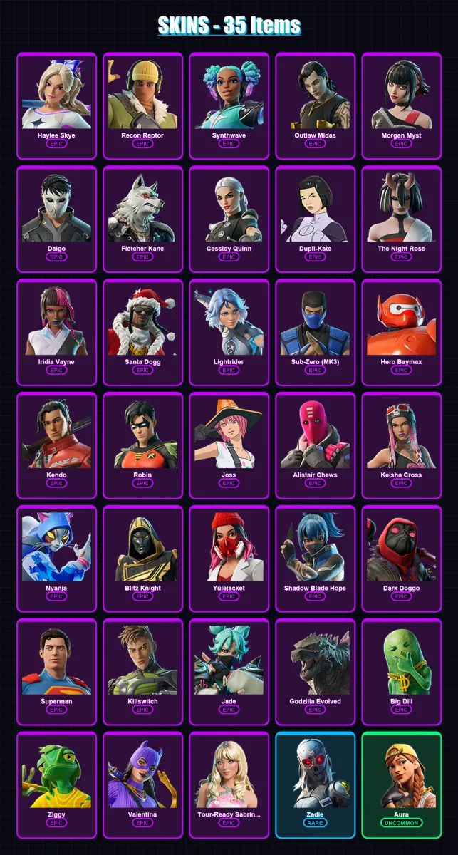 [PS4/PS5/XBOX/PC] | Haylee Skye | Recon Raptor | Synthwave | Outlaw Midas | Morgan Myst | 35 skin | 74 pickaxe | 59 emote | 52 glider | Lv1132