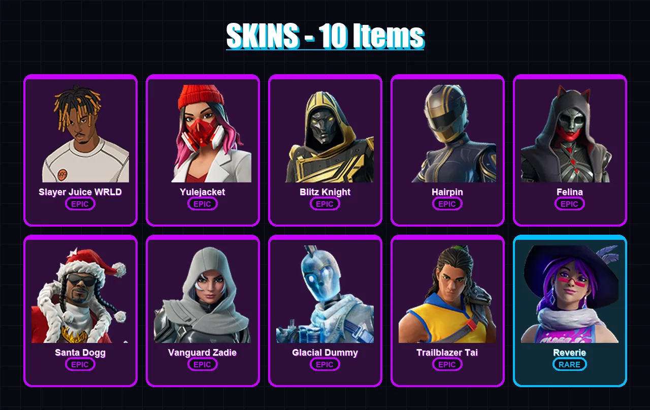 [PC/XBOX/PSN] | Slayer Juice WRLD | Yulejacket | Blitz Knight | Hairpin | Felina | 10 skin | 61 pickaxe | 25 emote | 37 glider | Lv687