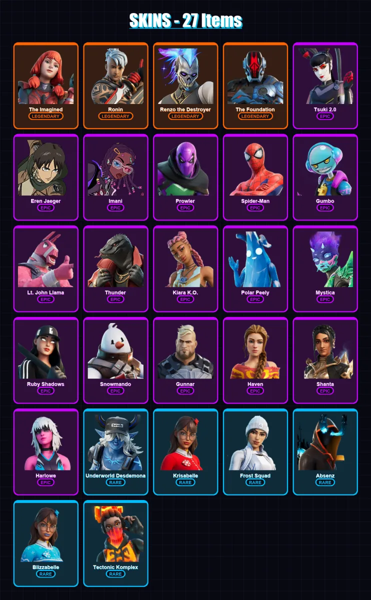 [PC/XBOX/PSN] | The Imagined | Ronin | Renzo the Destroyer | The Foundation | Tsuki 2.0 | 27 skin | 36 pickaxe | 27 emote | 37 glider | Lv402