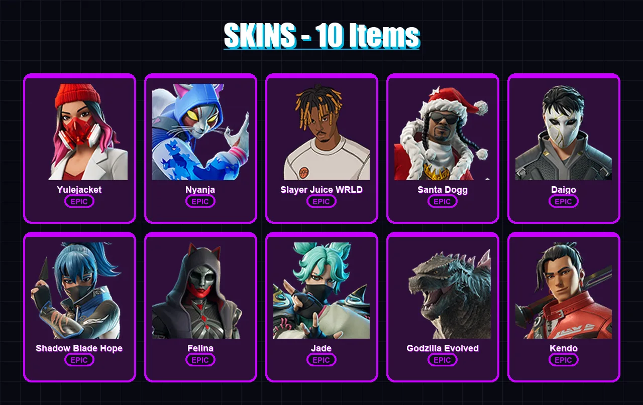 [SWITCH/XBOX/PSN/PC] | Yulejacket | Nyanja | Slayer Juice WRLD | Santa Dogg | Daigo | 10 skin | 29 pickaxe | 13 emote | 13 glider | Lv183