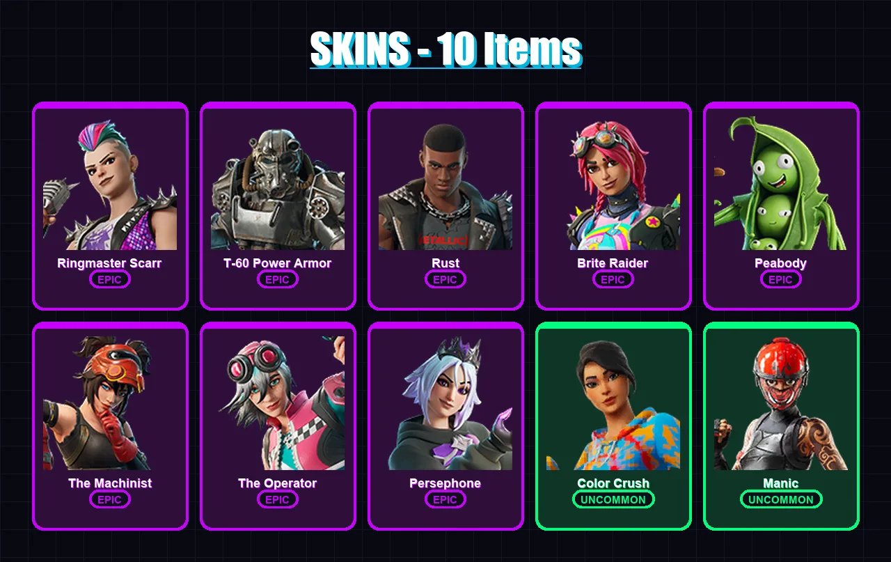 [PC/XBOX/PSN] | Ringmaster Scarr | T-60 Power Armor | Rust | Brite Raider | Peabody | 10 skin | 11 pickaxe | 8 emote | 9 glider | Lv84 — Fortnite account