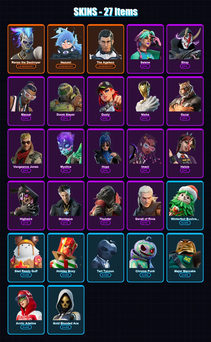 [PC/XBOX/PSN] | Renzo the Destroyer | Nezumi | The Ageless | Selene | Stray | 27 skin | 44 pickaxe | 27 emote | 45 glider | Lv819
