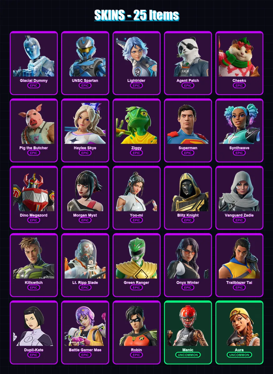 [PC/PSN] | Glacial Dummy | UNSC Spartan | Lightrider | Agent Patch | Cheeks | 25 skin | 91 pickaxe | 43 emote | 57 glider | Lv1494