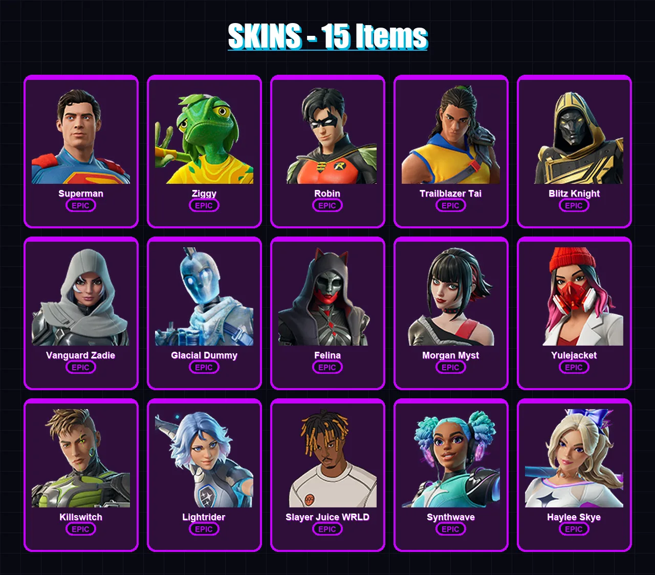 [PC/XBOX/PSN] | Superman | Ziggy | Robin | Trailblazer Tai | Blitz Knight | 15 skin | 56 pickaxe | 26 emote | 37 glider | Lv460