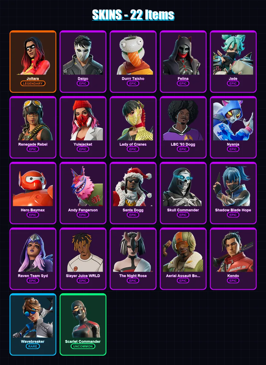 [PC/XBOX/PSN] | Joltara | Daigo | Durrr Taisho | Felina | Jade | 22 skin | 44 pickaxe | 19 emote | 31 glider | Lv352