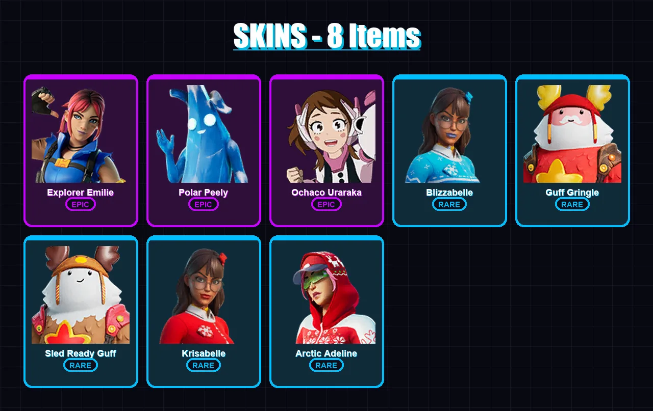 [PC/XBOX/PSN] | Explorer Emilie | Polar Peely | Ochaco Uraraka | Blizzabelle | Guff Gringle | 8 skin | 18 pickaxe | 13 emote | 18 glider | Lv243