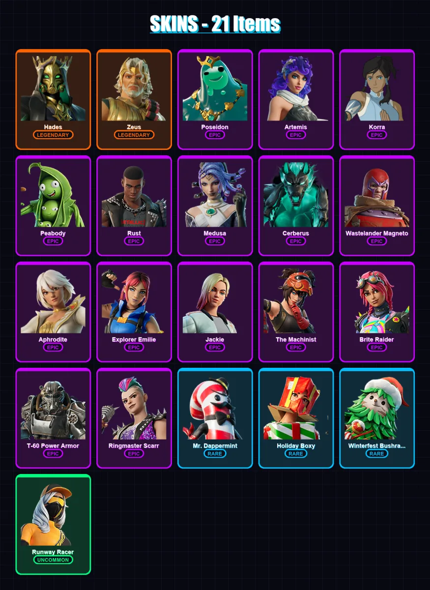 [PC/XBOX] | Hades | Zeus | Poseidon | Artemis | Korra | 21 skin | 36 pickaxe | 21 emote | 30 glider | Lv572