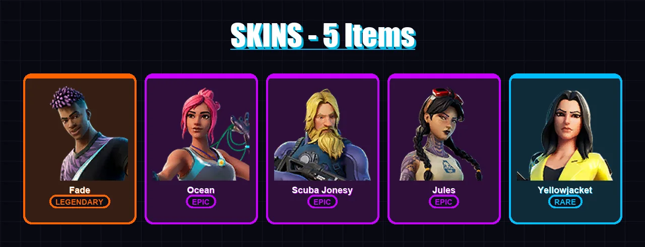[PC/XBOX/PSN] | Fade | Ocean | Scuba Jonesy | Jules | Yellowjacket | 5 skin | 9 pickaxe | 9 emote | 10 glider | Lv144