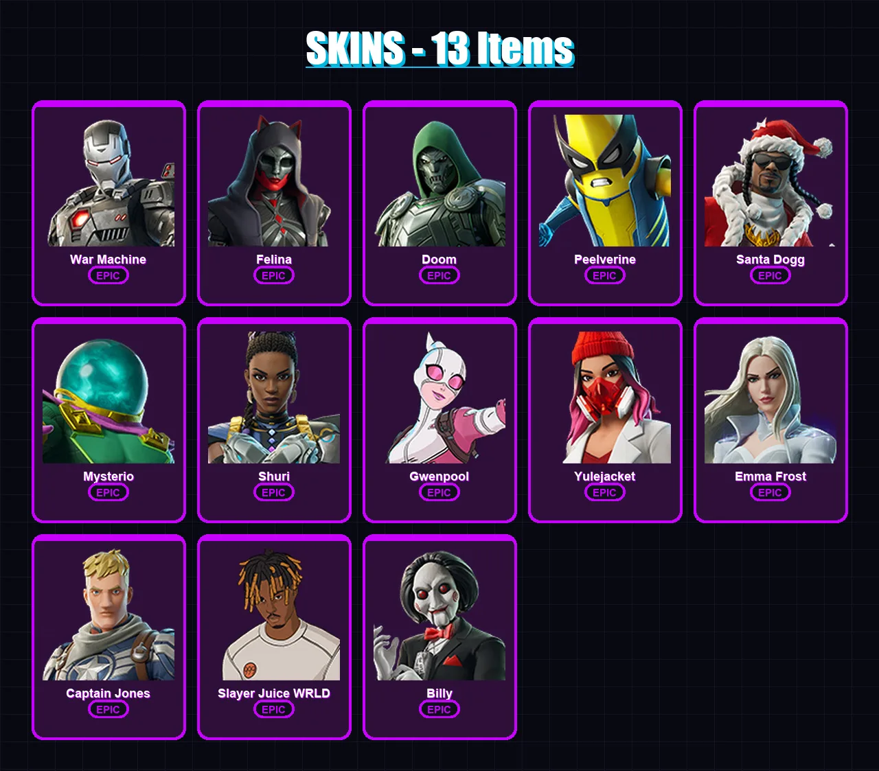 [PS4/PS5/XBOX/PC] | War Machine | Felina | Doom | Peelverine | Santa Dogg | 13 skin | 42 pickaxe | 24 emote | 26 glider | Lv497
