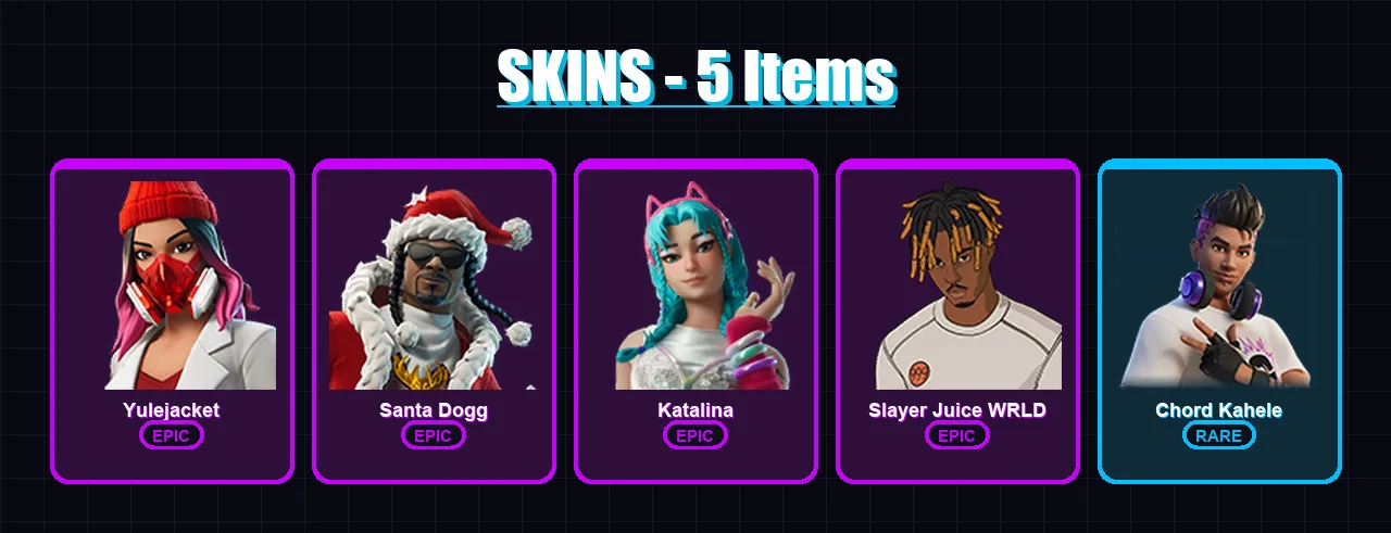 [PC/XBOX/PSN] | Yulejacket | Santa Dogg | Katalina | Slayer Juice WRLD | Chord Kahele | 5 skin | 10 pickaxe | 2 emote | 5 glider | Lv23