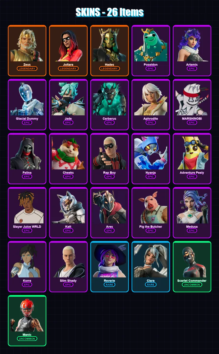 [PC/XBOX/PSN] | Zeus | Joltara | Hades | Poseidon | Artemis | 26 skin | 54 pickaxe | 35 emote | 35 glider | Lv550