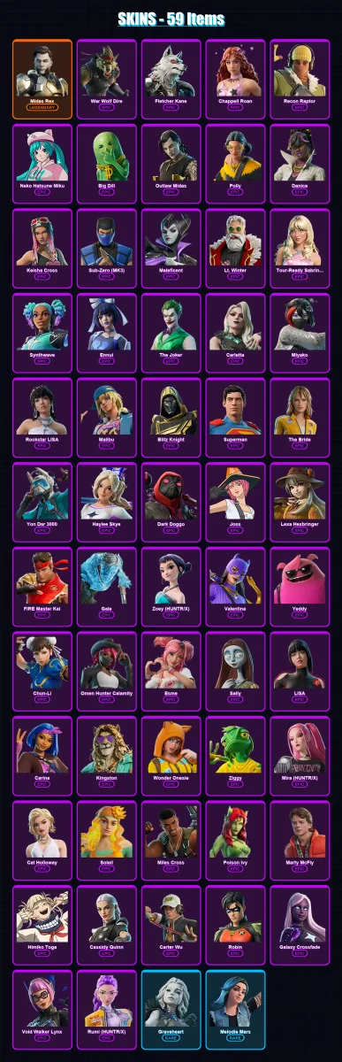 [PC/XBOX/PSN] | Midas Rex | War Wolf Dire | Fletcher Kane | Chappell Roan | Recon Raptor | 59 skin | 93 pickaxe | 55 emote | 48 glider | Lv476
