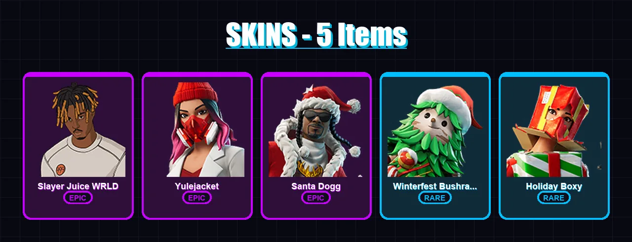 [PC/XBOX/PSN] | Slayer Juice WRLD | Yulejacket | Santa Dogg | Winterfest Bushranger | Holiday Boxy | 5 skin | 11 pickaxe | 5 emote | 7 glider | Lv77