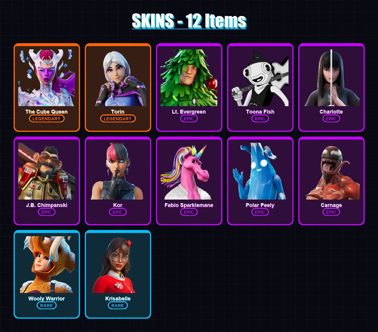 [PS4/PS5/XBOX/PC] | The Cube Queen | Torin | Lt. Evergreen | Toona Fish | Charlotte | 12 skin | 25 pickaxe | 22 emote | 25 glider | Lv721