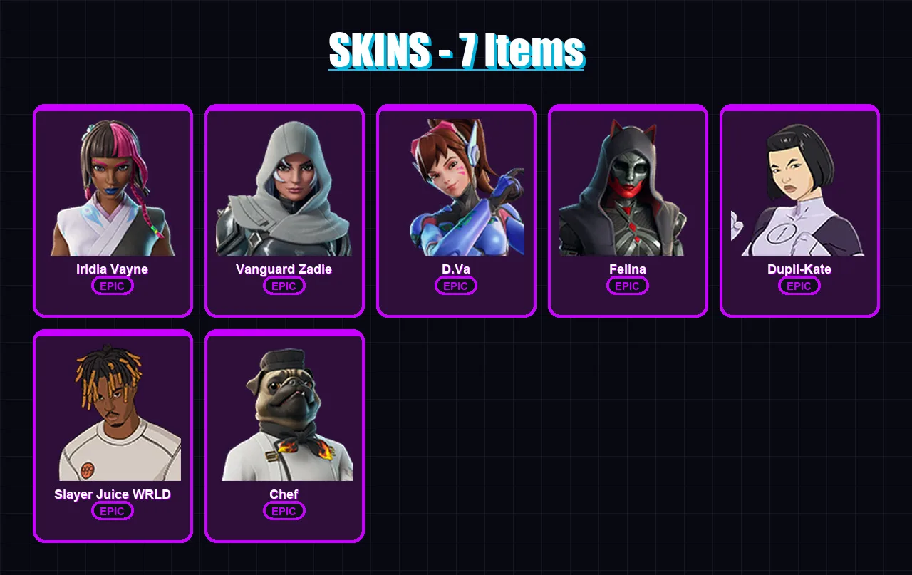 [PC/XBOX/PSN] | Iridia Vayne | Vanguard Zadie | D.Va | Felina | Dupli-Kate | 7 skin | 38 pickaxe | 22 emote | 23 glider | Lv292