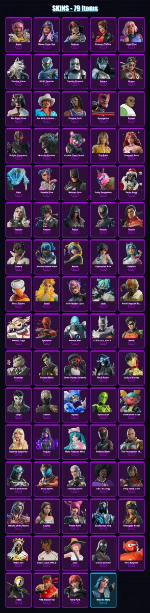 [PC] | Sonia | Raven Team Syd | Sedona | Dynamo TNTina | Ayla Winn | 79 skin | 75 pickaxe | 49 emote | 36 glider | Lv325 — Fortnite account