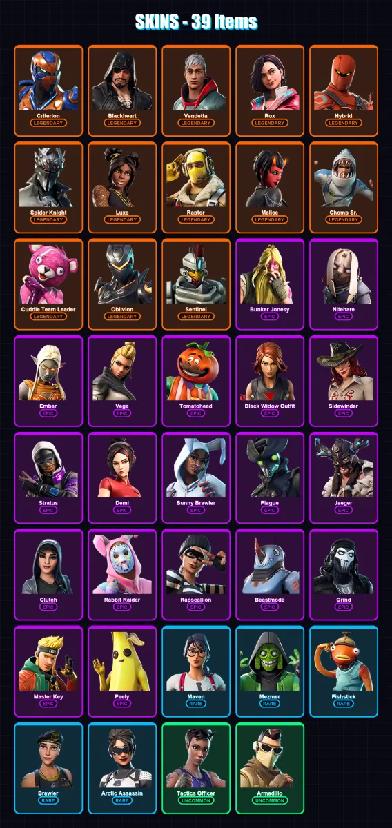 [PC/XBOX/PSN] | Criterion | Blackheart | Vendetta | Rox | Hybrid | 39 skin | 22 pickaxe | 28 emote | 17 glider | Lv98