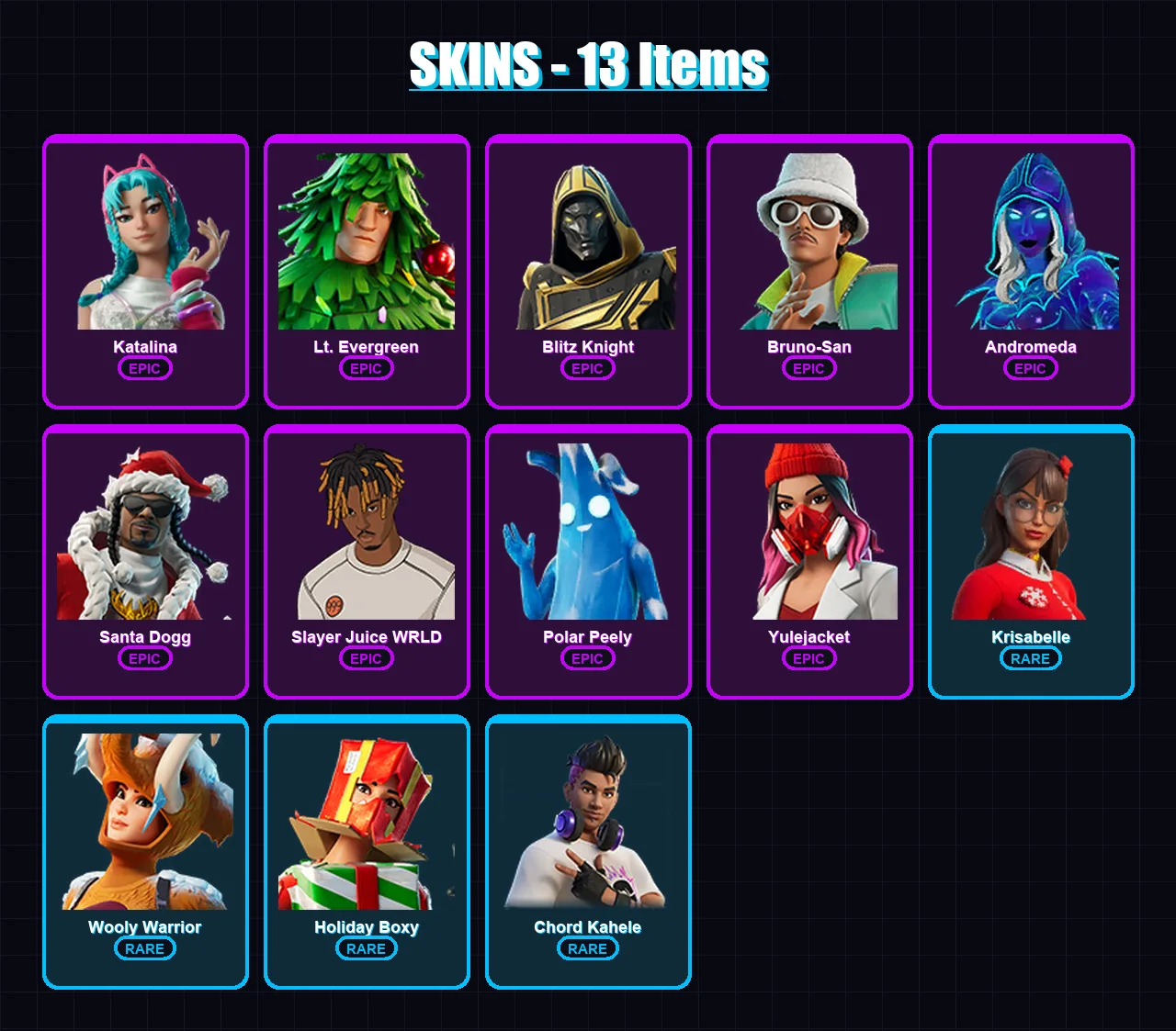 [PC/XBOX/PSN] | Katalina | Lt. Evergreen | Blitz Knight | Bruno-San | Andromeda | 13 skin | 26 pickaxe | 17 emote | 22 glider | Lv244