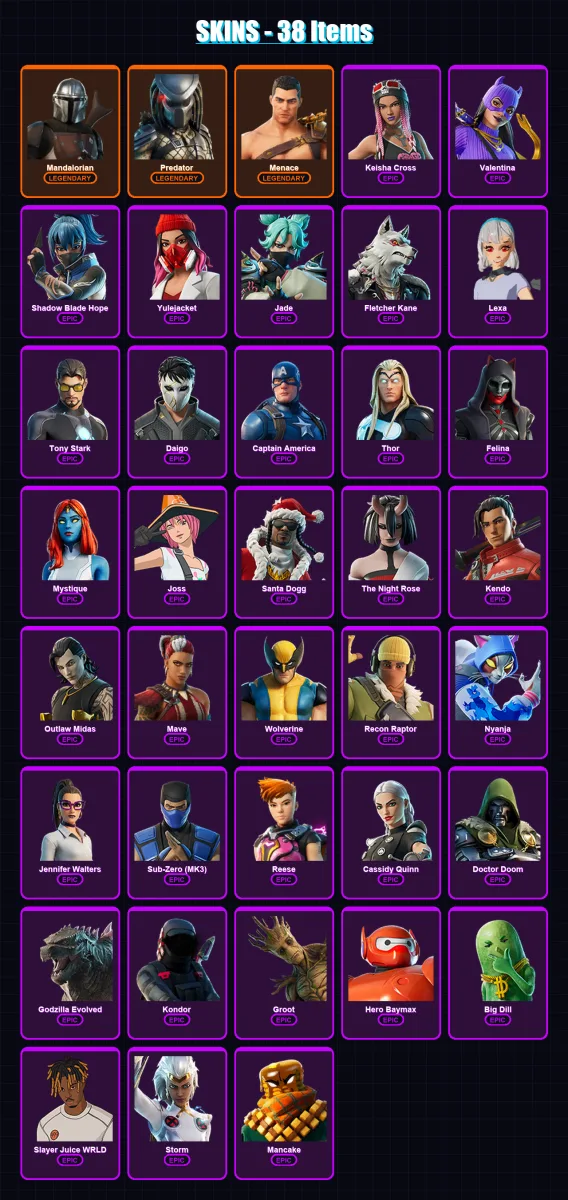 [PC/PSN] | Mandalorian | Predator | Menace | Keisha Cross | Valentina | 38 skin | 67 pickaxe | 43 emote | 51 glider | Lv1102 — Fortnite account