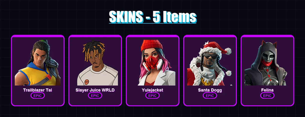 [SWITCH/XBOX/PSN/PC] | Trailblazer Tai | Slayer Juice WRLD | Yulejacket | Santa Dogg | Felina | 5 skin | 30 pickaxe | 13 emote | 23 glider | Lv256