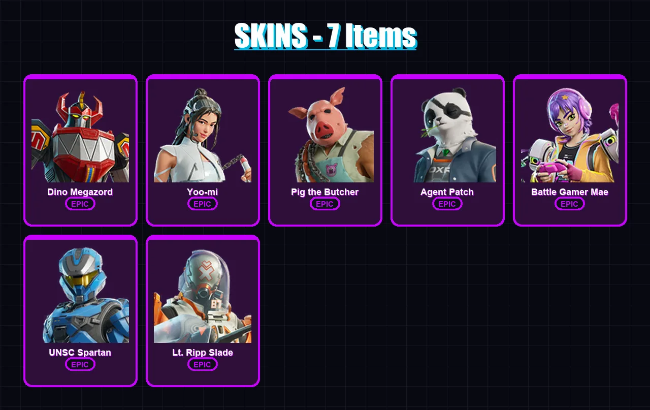 [PC/XBOX/PSN] | Dino Megazord | Yoo-mi | Pig the Butcher | Agent Patch | Battle Gamer Mae | 7 skin | 16 pickaxe | 12 emote | 11 glider | Lv113