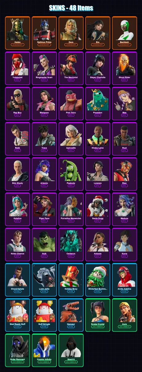 [PC/XBOX/PSN] | Hades | Optimus Prime | Zeus | Era | Backlash | 48 skin | 82 pickaxe | 54 emote | 62 glider | Lv877