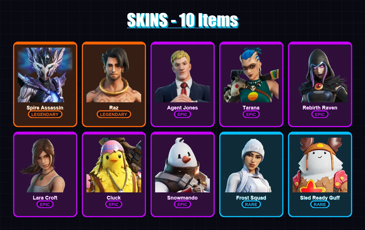 [SWITCH/XBOX/PC] | Spire Assassin | Raz | Agent Jones | Tarana | Rebirth Raven | 10 skin | 35 pickaxe | 30 emote | 38 glider | Lv748