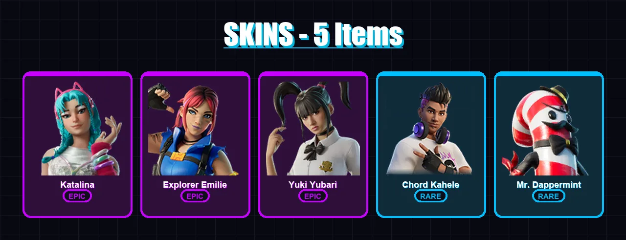 [PC/XBOX/PSN] | Katalina | Explorer Emilie | Yuki Yubari | Chord Kahele | Mr. Dappermint | 5 skin | 12 pickaxe | 12 emote | 11 glider | Lv257
