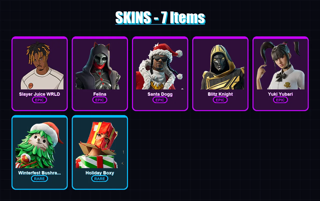[PC/XBOX/PSN] | Slayer Juice WRLD | Felina | Santa Dogg | Blitz Knight | Yuki Yubari | 7 skin | 52 pickaxe | 29 emote | 43 glider | Lv594