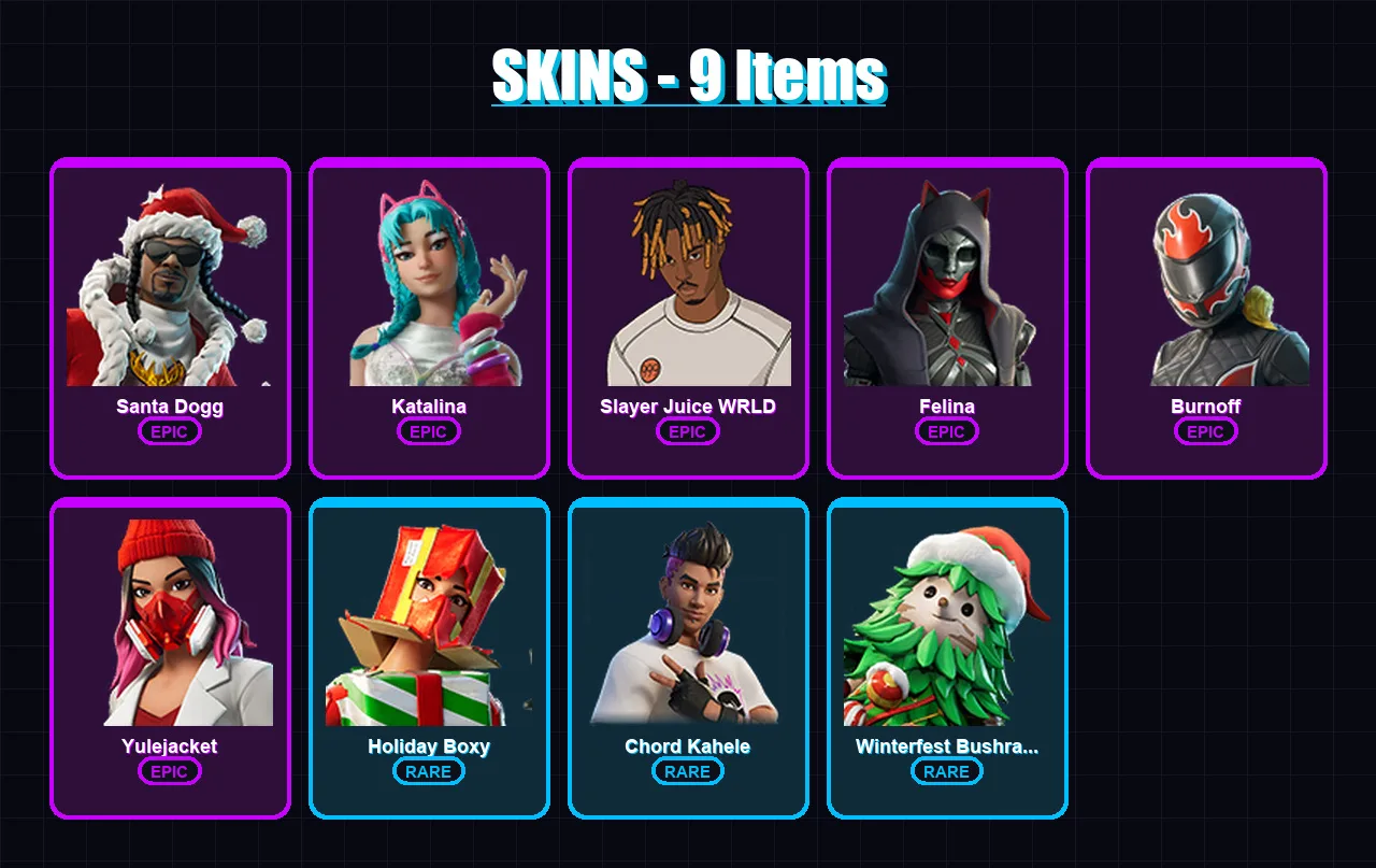 [PC/XBOX/PSN] | Santa Dogg | Katalina | Slayer Juice WRLD | Felina | Burnoff | 9 skin | 22 pickaxe | 8 emote | 15 glider | Lv170