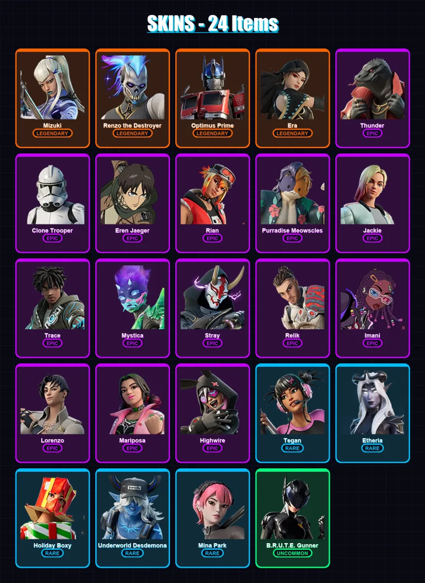 [PC/XBOX/PSN] | Mizuki | Renzo the Destroyer | Optimus Prime | Era | Thunder | 24 skin | 32 pickaxe | 20 emote | 28 glider | Lv519