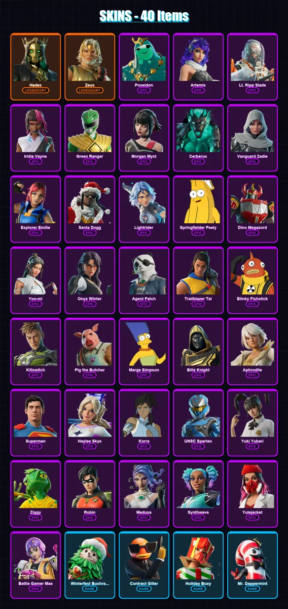 [PS4/PS5/PC] | Hades | Zeus | Poseidon | Artemis | Lt. Ripp Slade | 40 skin | 102 pickaxe | 59 emote | 69 glider | Lv1365