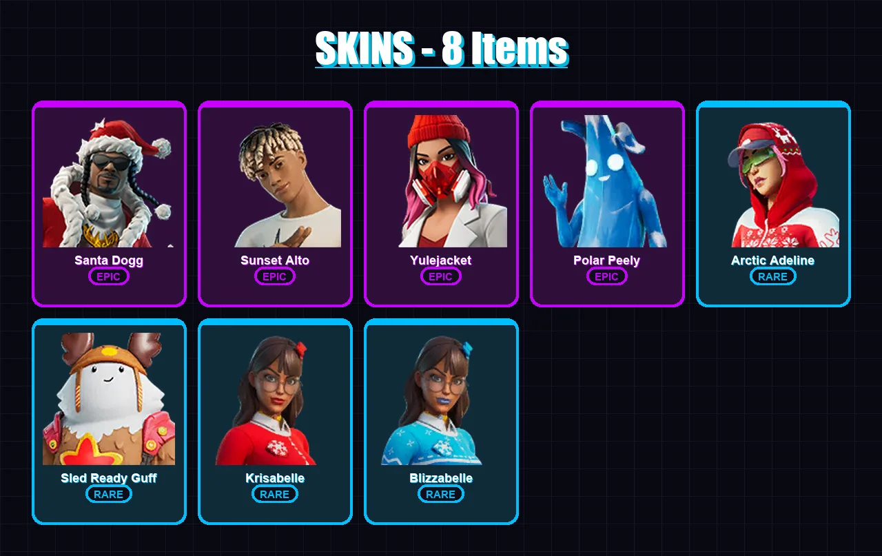 [PC/PSN] | Santa Dogg | Sunset Alto | Yulejacket | Polar Peely | Arctic Adeline | 8 skin | 19 pickaxe | 14 emote | 18 glider | Lv157