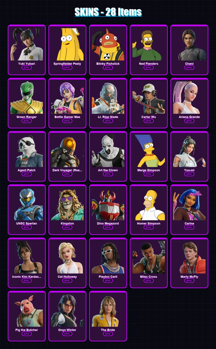 [PC/XBOX] | Yuki Yubari | Springfielder Peely | Blinky Fishstick | Ned Flanders | Chani | 28 skin | 49 pickaxe | 33 emote | 28 glider | Lv523