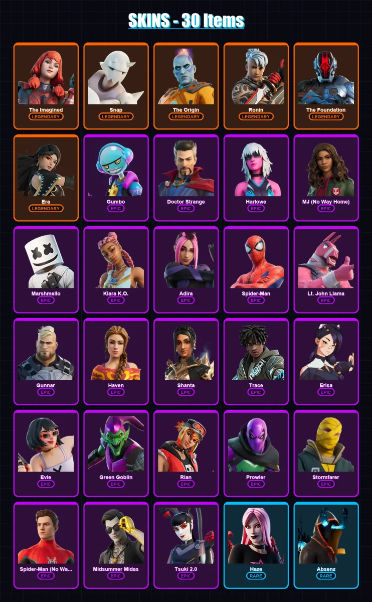 [PC/XBOX] | The Imagined | Snap | The Origin | Ronin | The Foundation | 30 skin | 33 pickaxe | 25 emote | 33 glider | Lv386