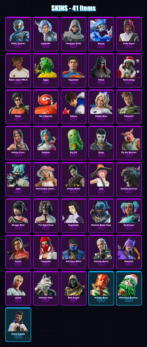 [SWITCH/PSN/PC] | UNSC Spartan | Lightrider | Vanguard Zadie | Nyanja | Iridia Vayne | 41 skin | 93 pickaxe | 54 emote | 66 glider | Lv943