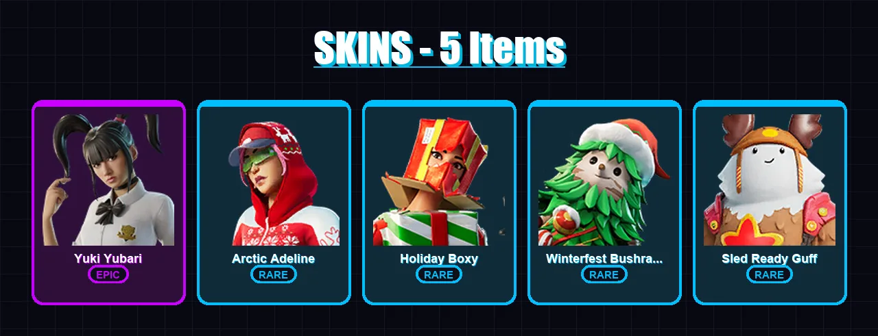[PC/PSN] | Yuki Yubari | Arctic Adeline | Holiday Boxy | Winterfest Bushranger | Sled Ready Guff | 5 skin | 11 pickaxe | 6 emote | 12 glider | Lv183