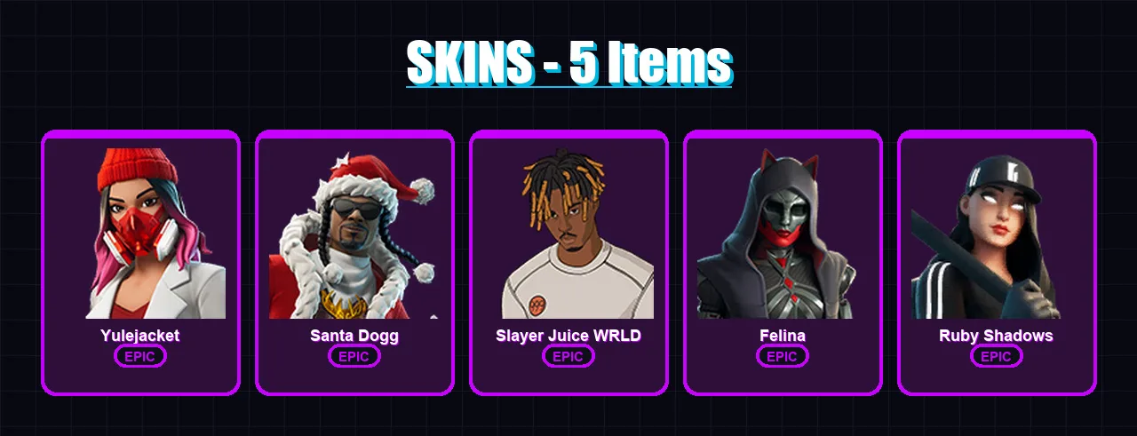 [PC/XBOX/PSN] | Yulejacket | Santa Dogg | Slayer Juice WRLD | Felina | Ruby Shadows | 5 skin | 31 pickaxe | 18 emote | 21 glider | Lv624