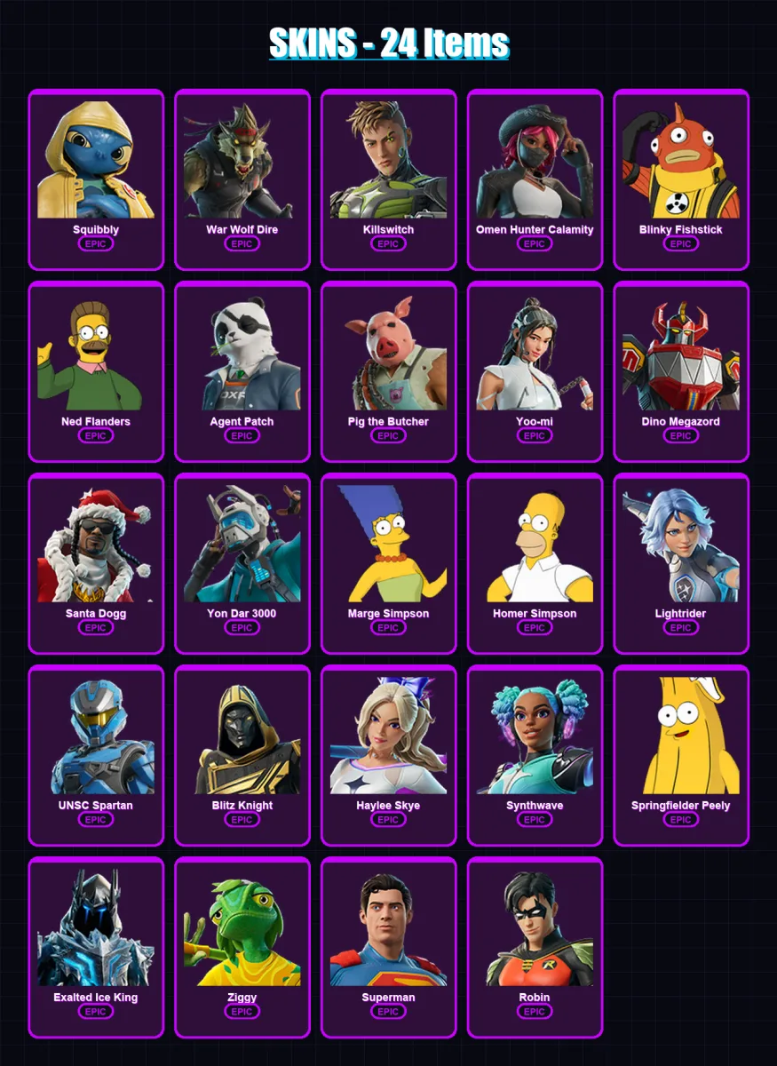 [PC/XBOX/PSN] | Squibbly | War Wolf Dire | Killswitch | Omen Hunter Calamity | Blinky Fishstick | 24 skin | 58 pickaxe | 28 emote | 38 glider | Lv31