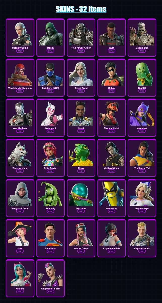 [PC/XBOX/PSN] | Cassidy Quinn | Doom | T-60 Power Armor | Rust | Megalo Don | 32 skin | 47 pickaxe | 35 emote | 39 glider | Lv542