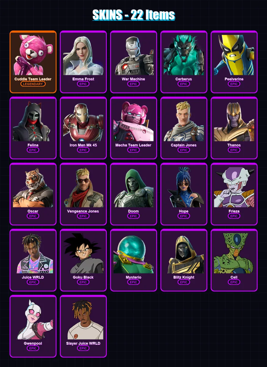 [PS4/PS5/XBOX/PC] | Cuddle Team Leader | Emma Frost | War Machine | Cerberus | Peelverine | 22 skin | 42 pickaxe | 23 emote | 27 glider | Lv242