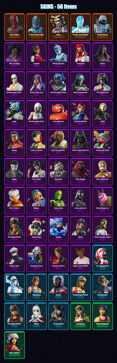 [PC/XBOX/PSN] | Red Knight | Frozen Red Knight | Hime | Frozen Love Ranger | Frozen Raven | 56 skin | 65 pickaxe | 28 emote | 32 glider | Lv670
