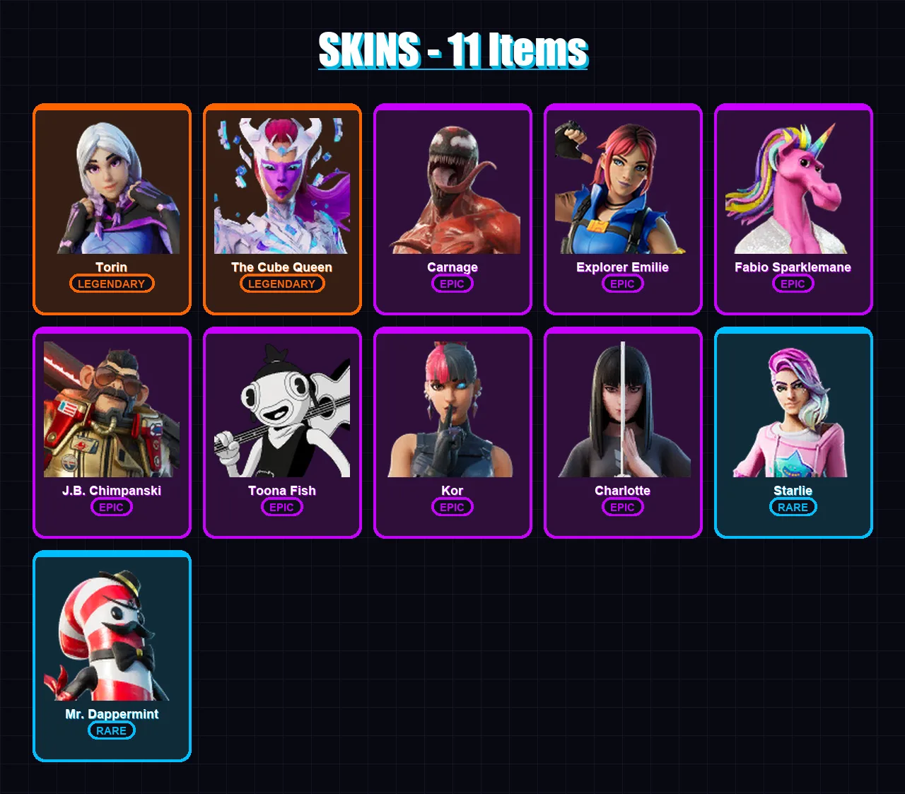 [PC/XBOX/PSN] | Torin | The Cube Queen | Carnage | Explorer Emilie | Fabio Sparklemane | 11 skin | 8 pickaxe | 11 emote | 9 glider | Lv169