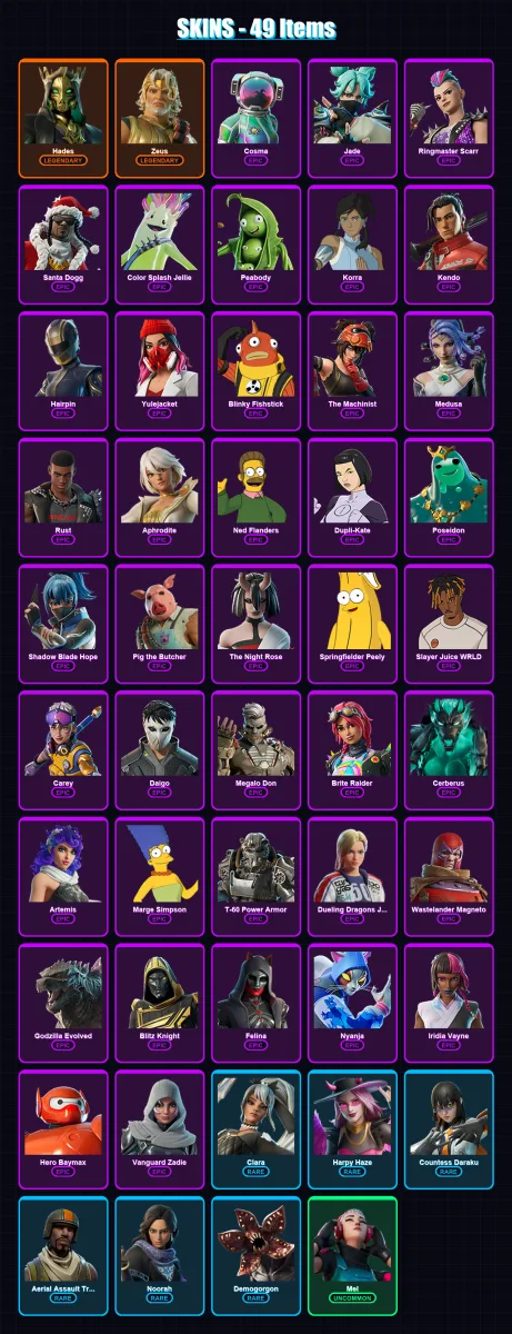 [PC/XBOX/PSN] | Hades | Zeus | Cosma | Jade | Ringmaster Scarr | 49 skin | 125 pickaxe | 64 emote | 75 glider | Lv1361