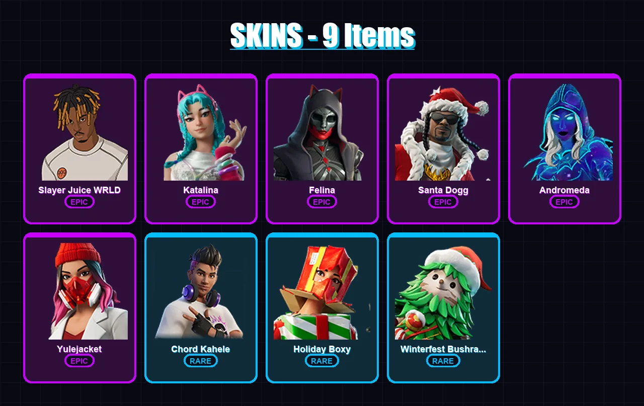 [PC/XBOX/PSN] | Slayer Juice WRLD | Katalina | Felina | Santa Dogg | Andromeda | 9 skin | 44 pickaxe | 23 emote | 26 glider | Lv611