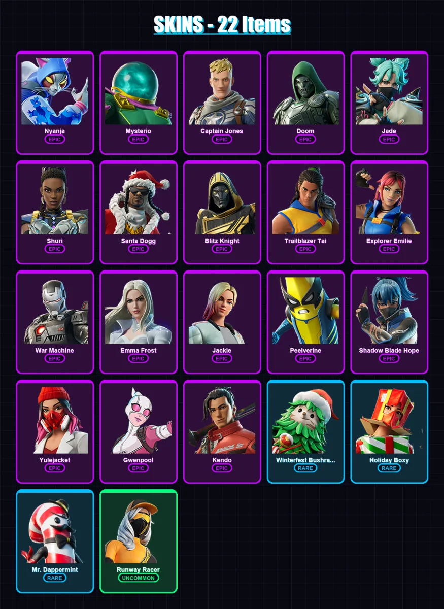 [PC/XBOX/PSN] | Nyanja | Mysterio | Captain Jones | Doom | Jade | 22 skin | 38 pickaxe | 26 emote | 30 glider | Lv477 — Fortnite account