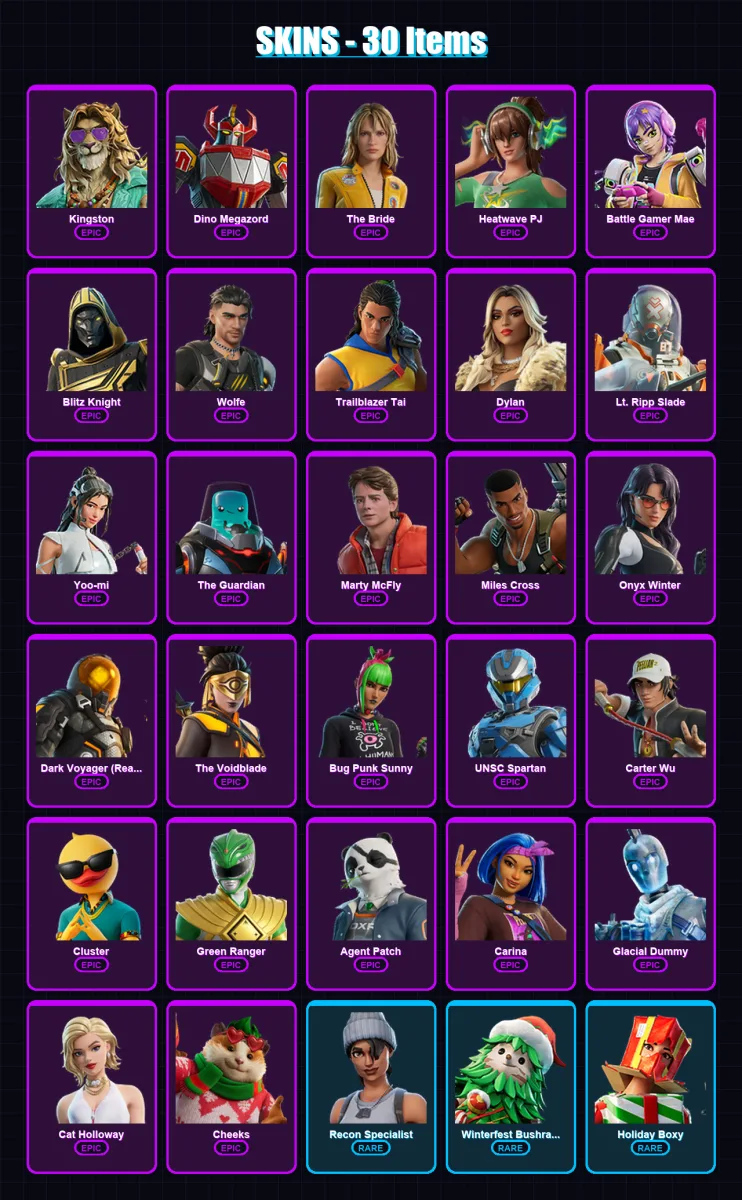 [PC/PSN] | Kingston | Dino Megazord | The Bride | Heatwave PJ | Battle Gamer Mae | 30 skin | 68 pickaxe | 41 emote | 53 glider | Lv909