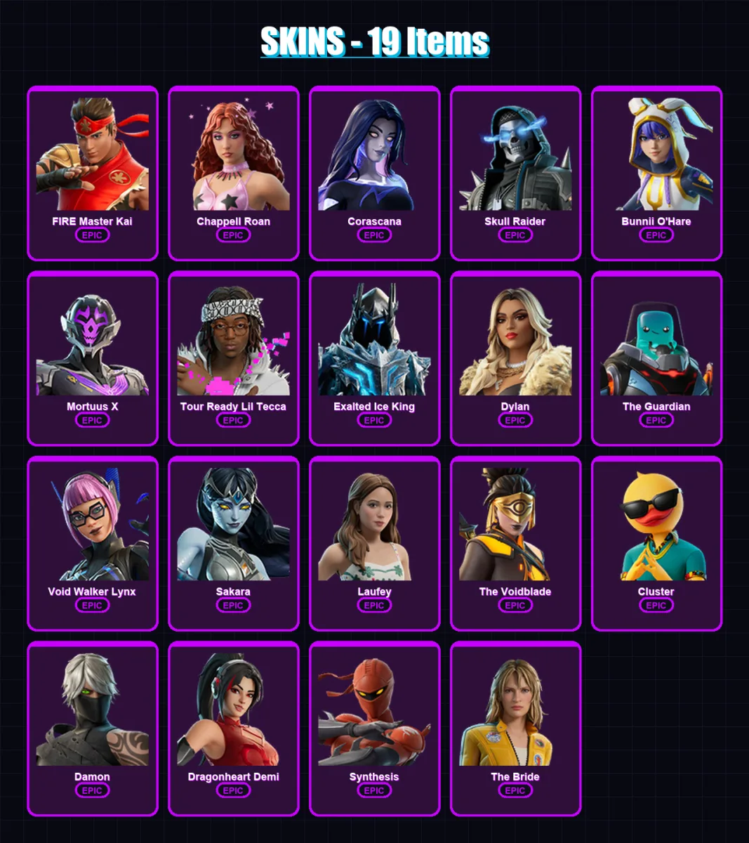[PC/PSN] | FIRE Master Kai | Chappell Roan | Corascana | Skull Raider | Bunnii O'Hare | 19 skin | 17 pickaxe | 9 emote | 11 glider | Lv53