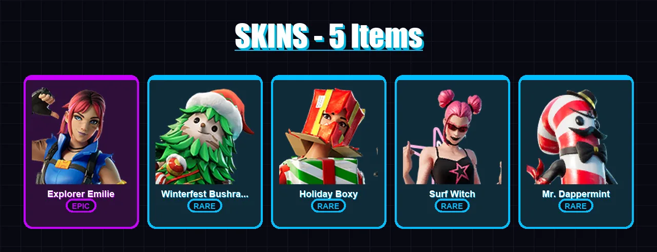[PC/XBOX/PSN] | Explorer Emilie | Winterfest Bushranger | Holiday Boxy | Surf Witch | Mr. Dappermint | 5 skin | 8 pickaxe | 6 emote | 9 glider | Lv1